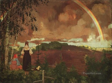 two boys singing Painting - landscape with two peasant girls and a rainbow Konstantin Somov